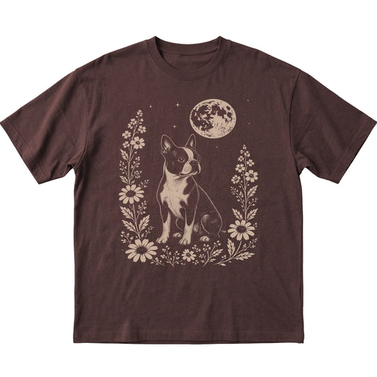 Dark Chocolate Moon Flowers Boston Terrier T-shirt, flat view