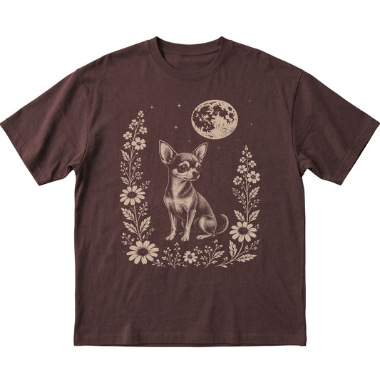 Dark Chocolate Moon Flowers Chihuahua T-shirt, flat view