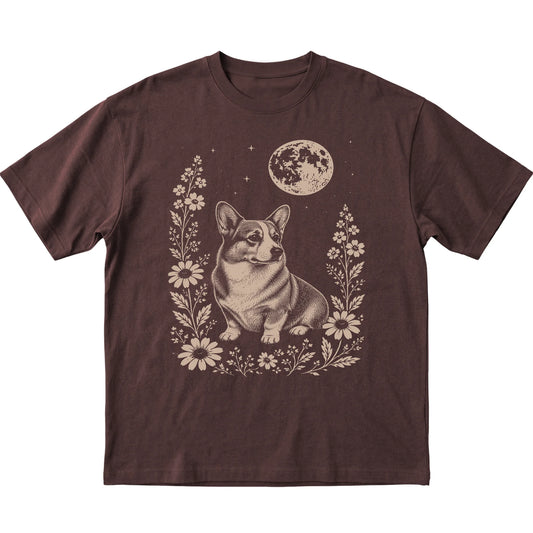 Dark Chocolate Moon Flowers Corgi T-shirt, flat view
