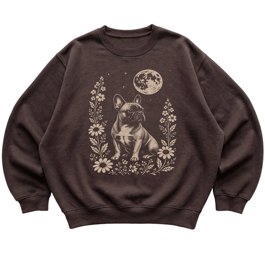 Dark Chocolate Moon Flowers French Bulldog sweatshirt, flat view