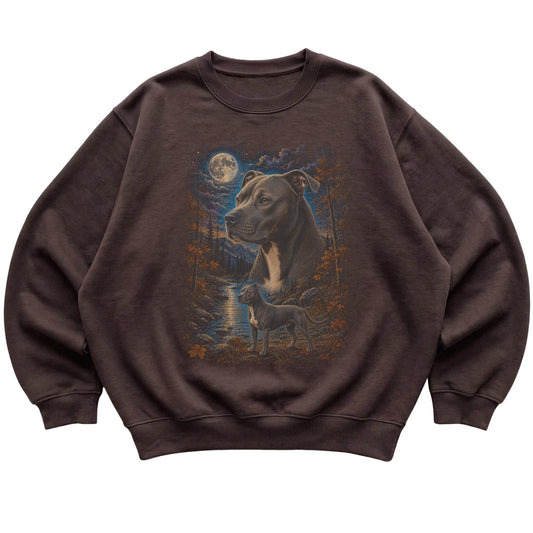 dark chocolate sweatshirt with Pitbull Autumn Moon artwork.