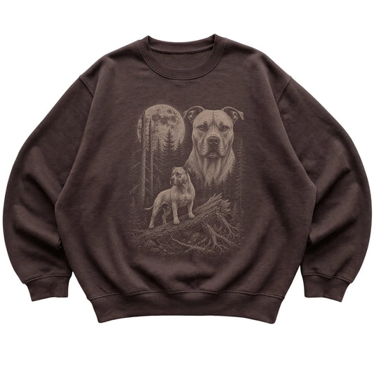 Pitbull Moonlit Forest graphic on a dark chocolate crewneck sweatshirt laid flat