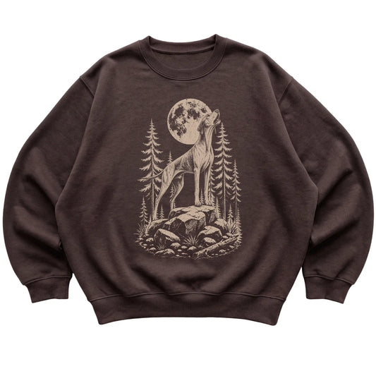 Close view of Pointer Howling at the Moon artwork on Dark Chocolate crewneck sweatshirt