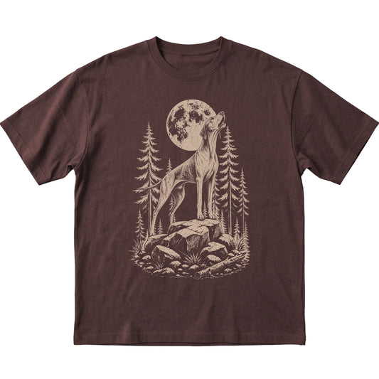 Close view of Pointer Howling at the Moon artwork on Dark Chocolate softstyle T-shirt
