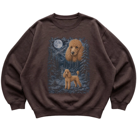 dark chocolate sweatshirt with Poodle Winter Moon artwork.