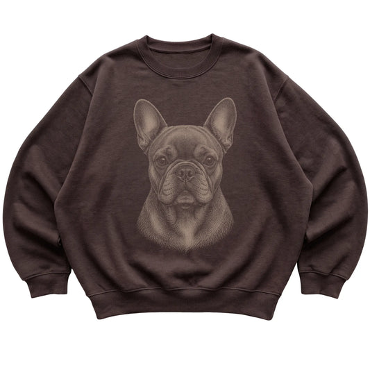 Dark Chocolate Realistic Drawing French Bulldog sweatshirt, flat view