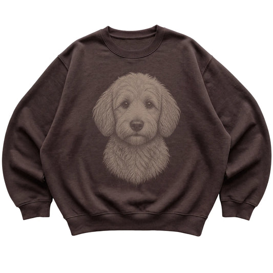Dark Chocolate Realistic Drawing Goldendoodle sweatshirt, flat view
