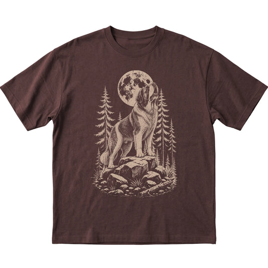 Close view of Saint Bernard Howling at the Moon artwork on Dark Chocolate softstyle T-shirt