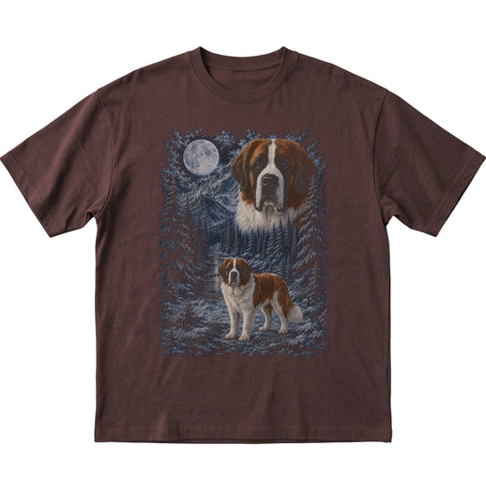 dark chocolate T-shirt with Saint Bernard Winter Moon artwork.