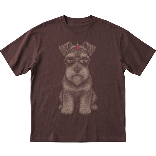 Dark Chocolate Schnauzer Ask My Assistant T-Shirt laid flat