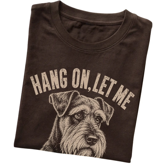 Dark Chocolate T-shirt featuring Overthinking Schnauzer, folded presentation