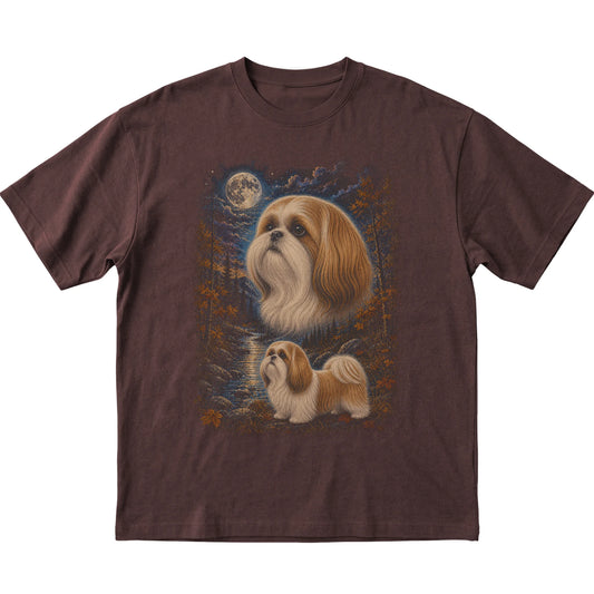 dark chocolate T-shirt with Shih Tzu Autumn Moon artwork.