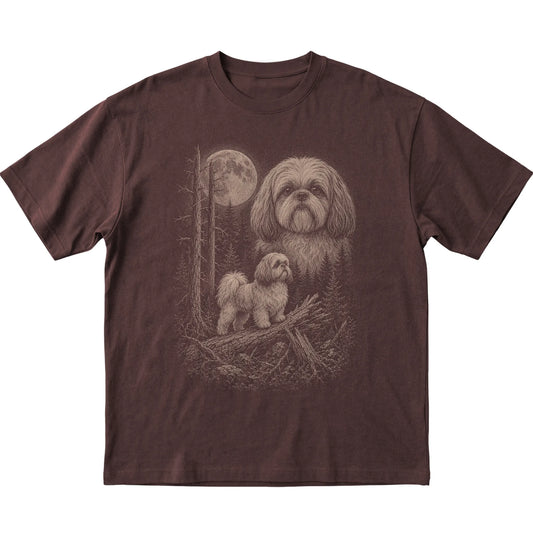 Shih Tzu Moonlit Forest graphic on a dark chocolate Softstyle T-shirt laid flat