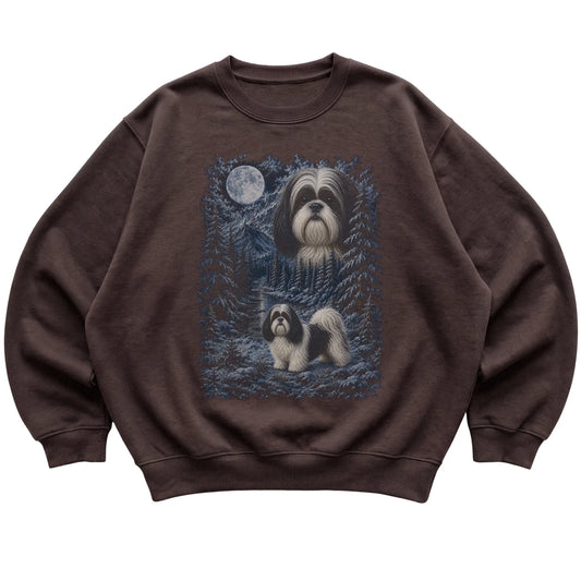 dark chocolate sweatshirt with Shih Tzu Winter Moon artwork.