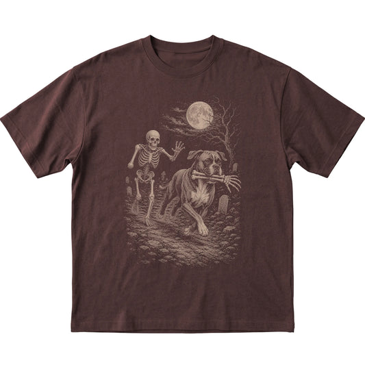dark chocolate T-shirt with a Boxer carrying a skeleton arm through a graveyard.