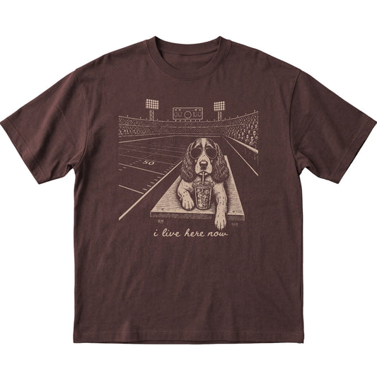Dark Chocolate Springer Spaniel Football Tailgate T-shirt, laid flat