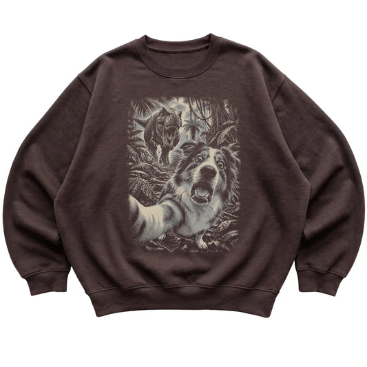 T-Rex Selfie Australian Shepherd Gildan Heavy Blend Crewneck Sweatshirt in Dark Chocolate, flat lay