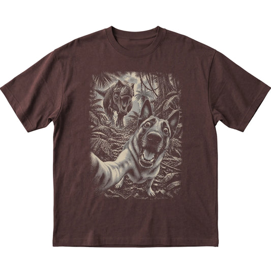 T-Rex Selfie Belgian Malinois Gildan Softstyle T-Shirt in Dark Chocolate, flat lay