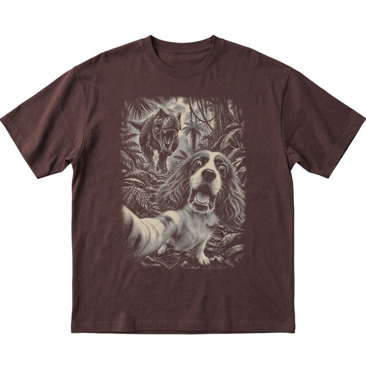 T-Rex Selfie Cavalier King Charles Spaniel Gildan Softstyle T-Shirt in Dark Chocolate, flat lay