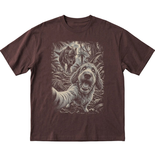 T-Rex Selfie Labradoodle Gildan Softstyle T-Shirt in Dark Chocolate, flat lay