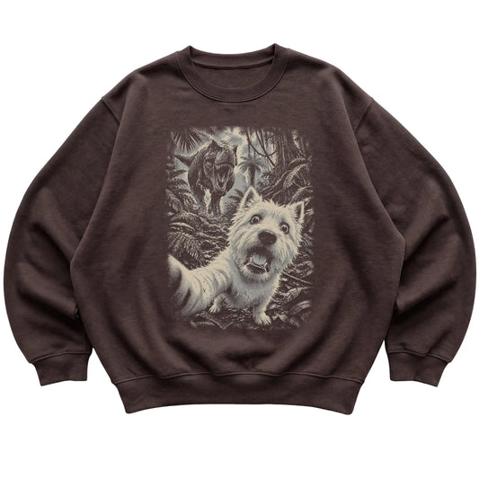 T-Rex Selfie Westie Gildan Heavy Blend Crewneck Sweatshirt in Dark Chocolate, flat lay