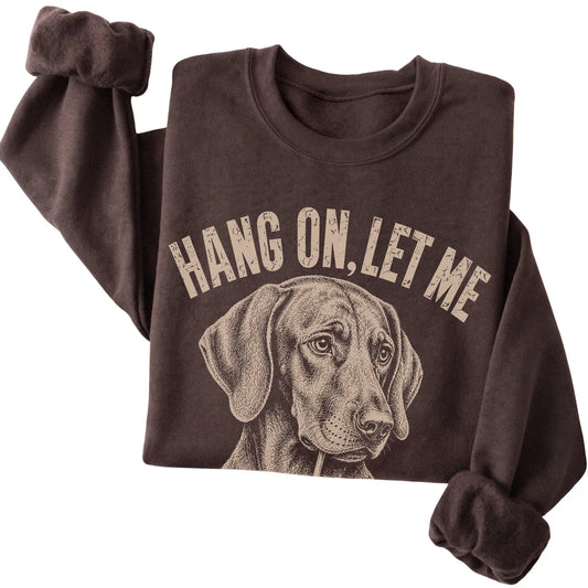Dark Chocolate crewneck sweatshirt featuring Overthinking Vizsla, folded presentation