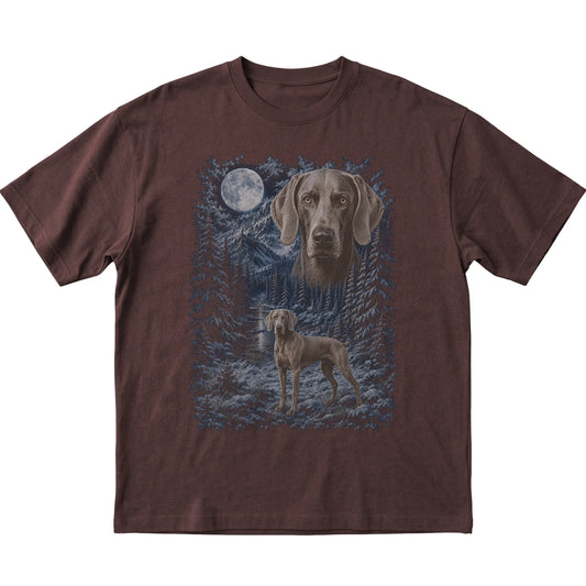 dark chocolate T-shirt with Weimaraner Winter Moon artwork.