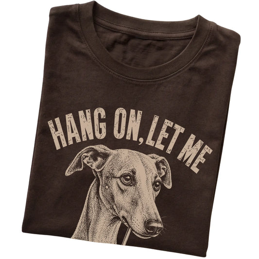 Dark Chocolate T-shirt featuring Overthinking Whippet, folded presentation