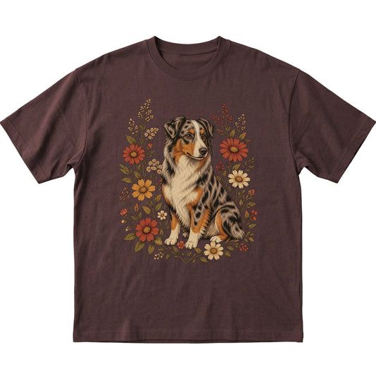 Dark Chocolate Softstyle T-shirt with Australian Shepherd portrait and wildflowers, flat lay
