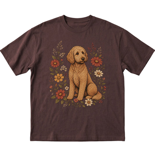 Dark Chocolate Softstyle T-shirt with Goldendoodle portrait and wildflowers, flat lay
