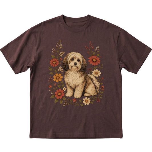 Dark Chocolate Softstyle T-shirt with Havanese portrait and wildflowers, flat lay