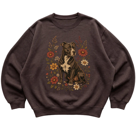 Dark Chocolate crewneck sweatshirt with Pitbull portrait and wildflowers, flat lay