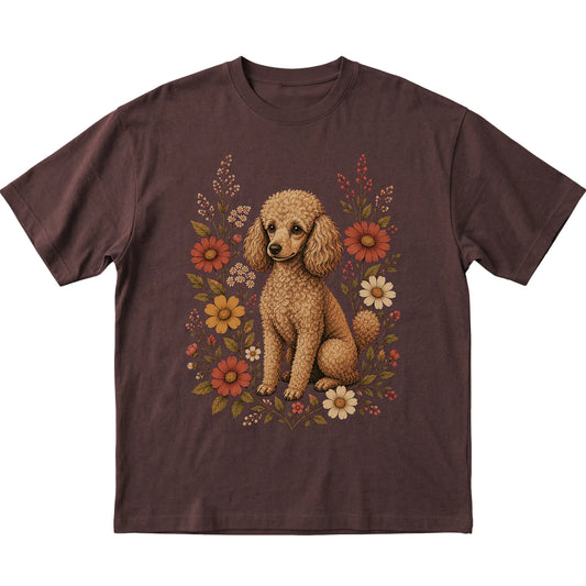 Dark Chocolate Softstyle T-shirt with Poodle portrait and wildflowers, flat lay