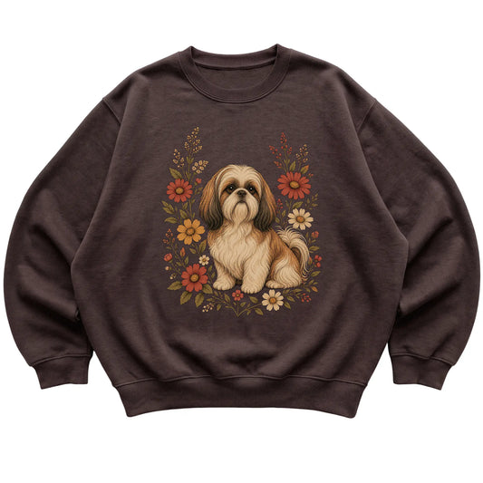 Dark Chocolate crewneck sweatshirt with Shih Tzu portrait and wildflowers, flat lay
