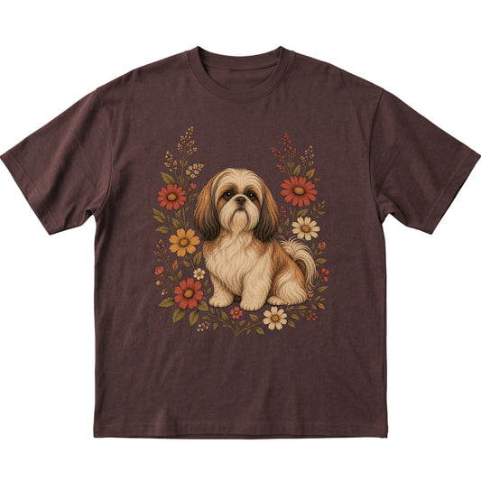Dark Chocolate Softstyle T-shirt with Shih Tzu portrait and wildflowers, flat lay