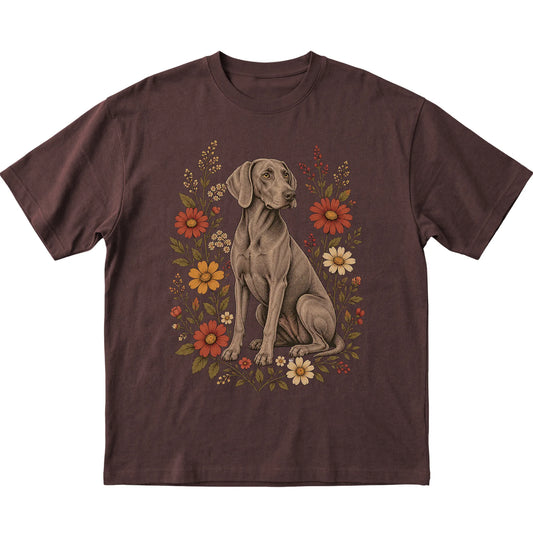 Dark Chocolate Softstyle T-shirt with Weimaraner portrait and wildflowers, flat lay