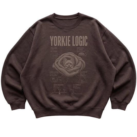Dark Chocolate Yorkie Logic sweatshirt laid flat