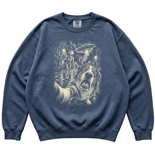 Australian Shepherd Alien Selfie Comfort Colors Sweatshirt in Denim, flat view