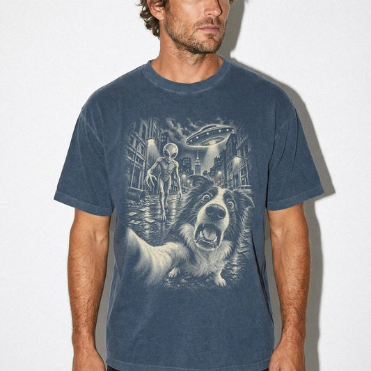 Border Collie Alien Selfie Comfort Colors T-Shirt in Denim, modeled view