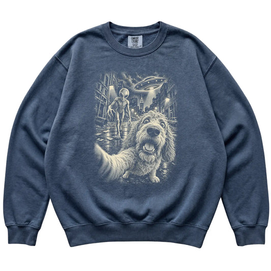 Goldendoodle Alien Selfie Comfort Colors Sweatshirt in Denim, flat view