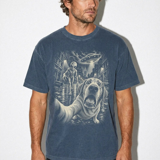 Labrador Retriever Alien Selfie Comfort Colors T-Shirt in Denim, modeled view