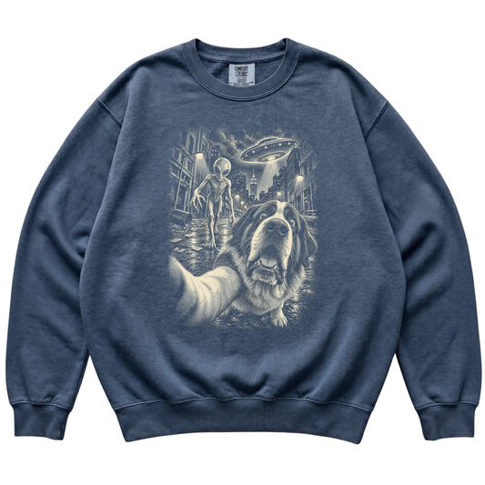 Saint Bernard Alien Selfie Comfort Colors Sweatshirt in Denim, flat view