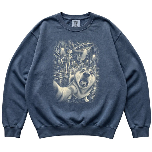 Shiba Inu Alien Selfie Comfort Colors Sweatshirt in Denim, flat view