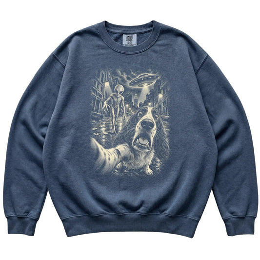 Springer Spaniel Alien Selfie Comfort Colors Sweatshirt in Denim, flat view