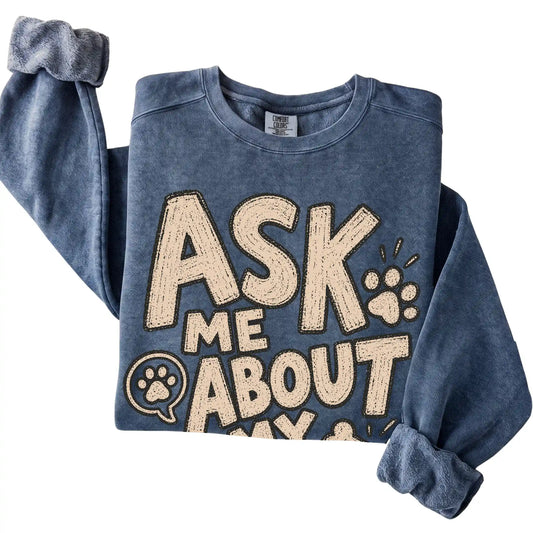Denim Ask me about my dog folded detail