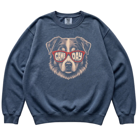 Denim Australian Shepherd Game Day Sunglasses sweatshirt, laid flat