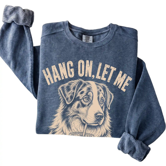 Denim Comfort Colors sweatshirt featuring Australian Shepherd Iced Coffee Overthink, folded presentation