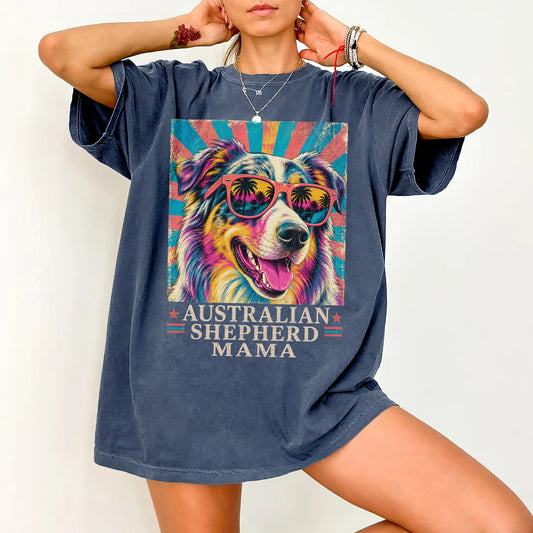 Retro Australian Shepherd Mama design on a Denim Comfort Colors T-shirt worn by a model