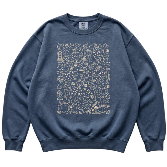 Denim Dalmatian Fall Leaves shirt laid flat
