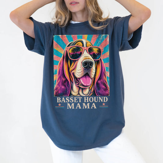 Retro Basset Hound Mama design on a Denim Comfort Colors T-shirt worn by a model
